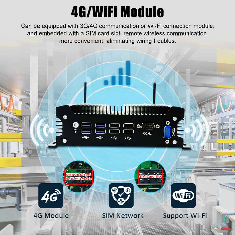 industrial pc with 2 x RJ45 Intel Giga LAN + 2 x DB9 232 COM.embedded SIM card slot onboard for 3G/4G Wi-Fi.