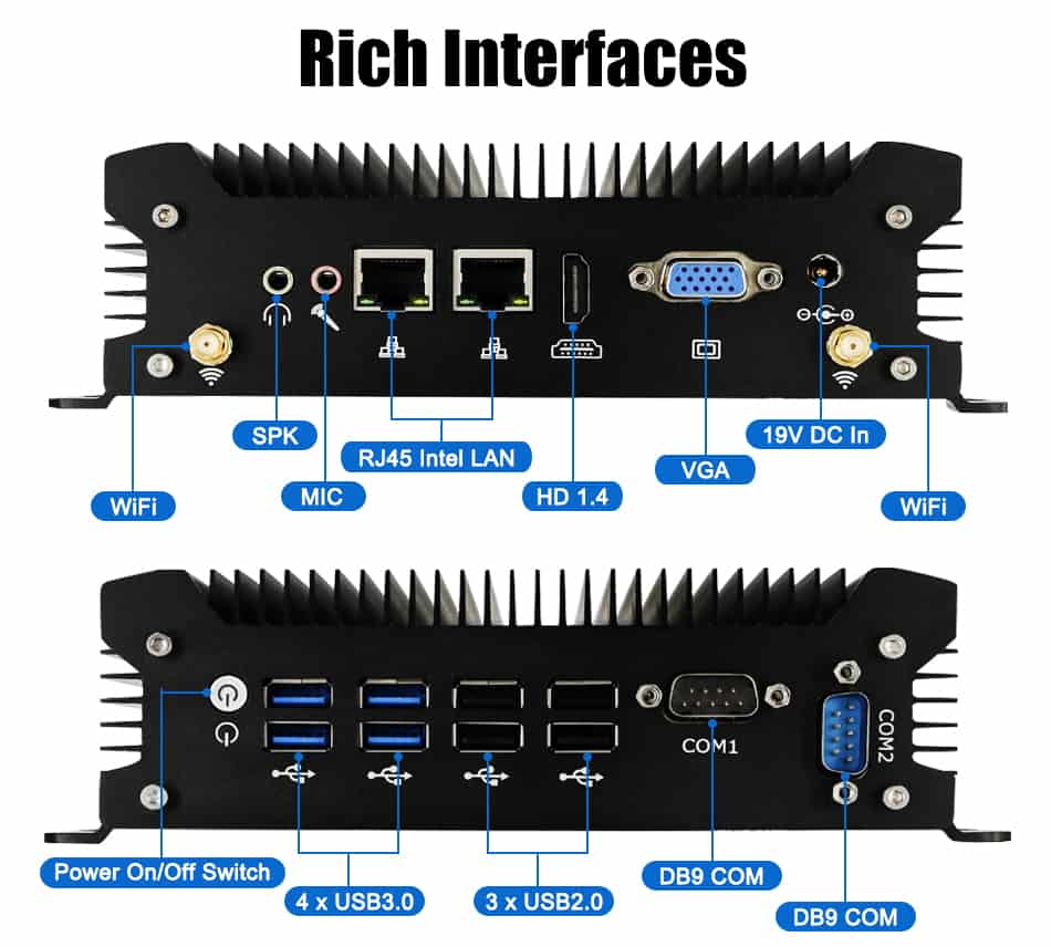 industrial pc with 2 x RJ45 Intel Giga LAN + 2 x DB9 232 COM.embedded SIM card slot onboard for 3G/4G Wi-Fi.