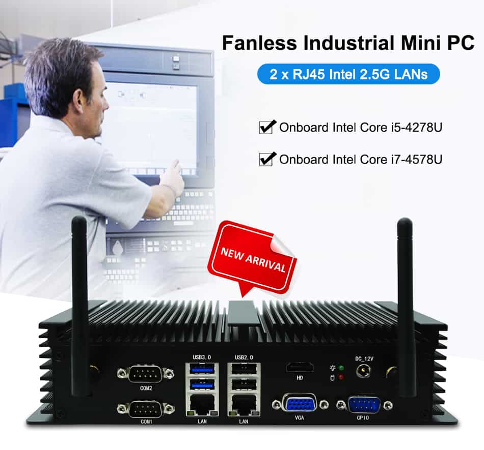 fanless industrial computer with 2gigabit lan port 6COM RS232 8USB HDMI VGA Dual display 12V DC IN Mini Desktop Computer