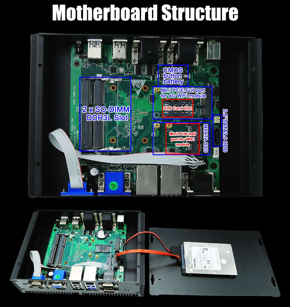 fanless industrial computer with 2gigabit lan port 6COM RS232 8USB HDMI VGA Dual display 12V DC IN Mini Desktop Computer