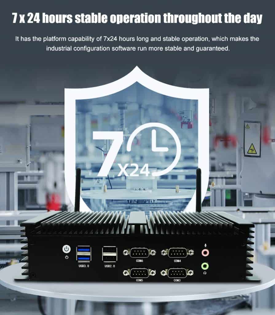 fanless industrial computer with 2gigabit lan port 6COM RS232 8USB HDMI VGA Dual display 12V DC IN Mini Desktop Computer