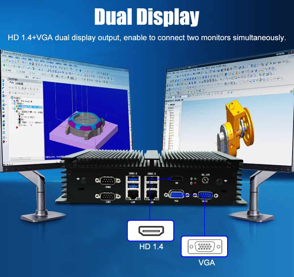 fanless industrial computer with 2gigabit lan port 6COM RS232 8USB HDMI VGA Dual display 12V DC IN Mini Desktop Computer