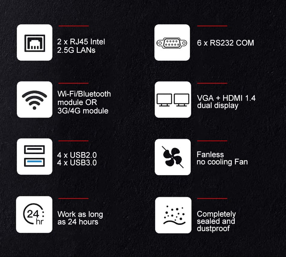 fanless industrial computer with 2gigabit lan port 6COM RS232 8USB HDMI VGA Dual display 12V DC IN Mini Desktop Computer