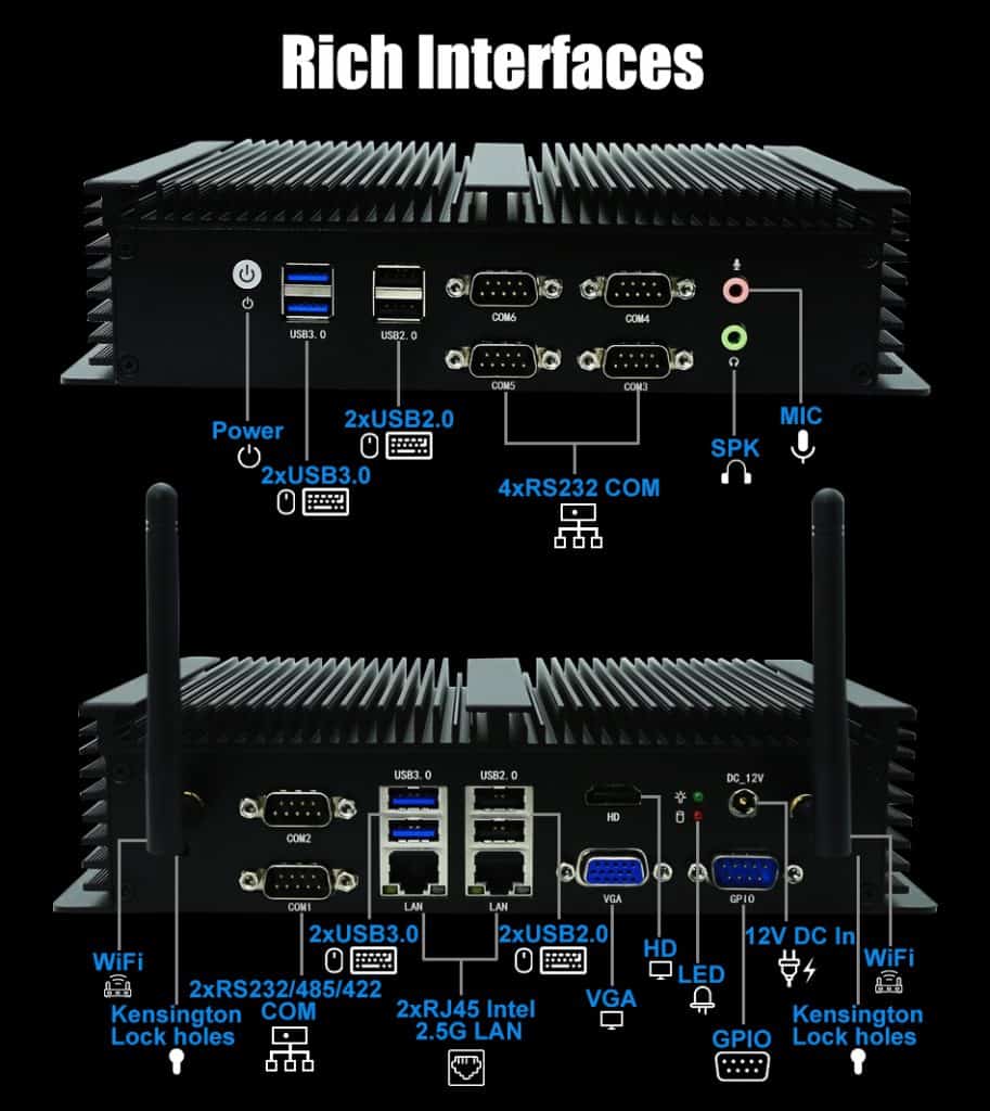 fanless industrial computer with 2gigabit lan port 6COM RS232 8USB HDMI VGA Dual display 12V DC IN Mini Desktop Computer