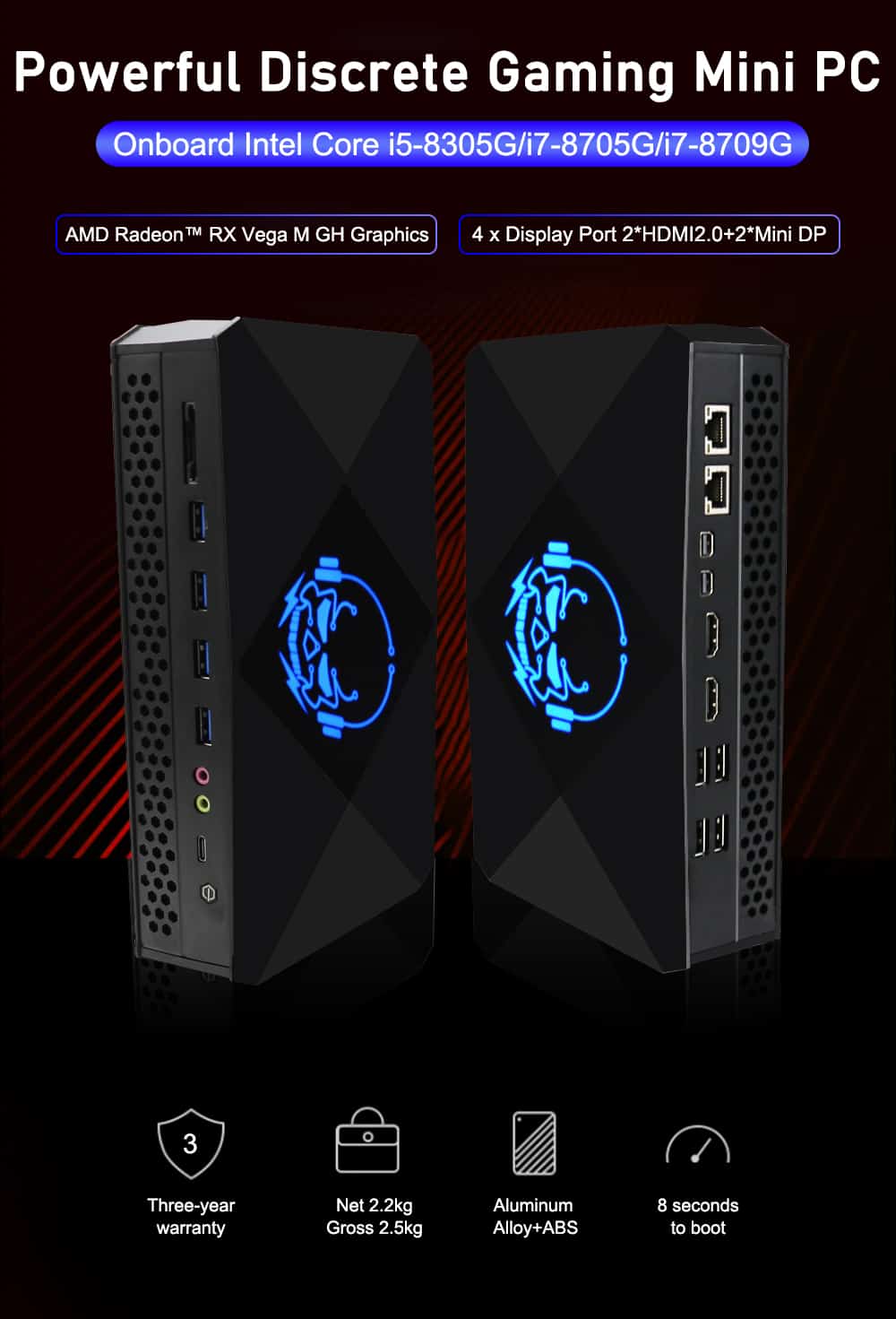 Mini PC Intel Core i7 8709G i5 8305G 4 Displays Type-C Mini Gaming Desktop Computer Radeon RX VEGA M GH 4G DDR5 Graphic Card